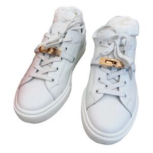 Hermes Day White Leather Trainer Sneakers with Rose Gold Accent